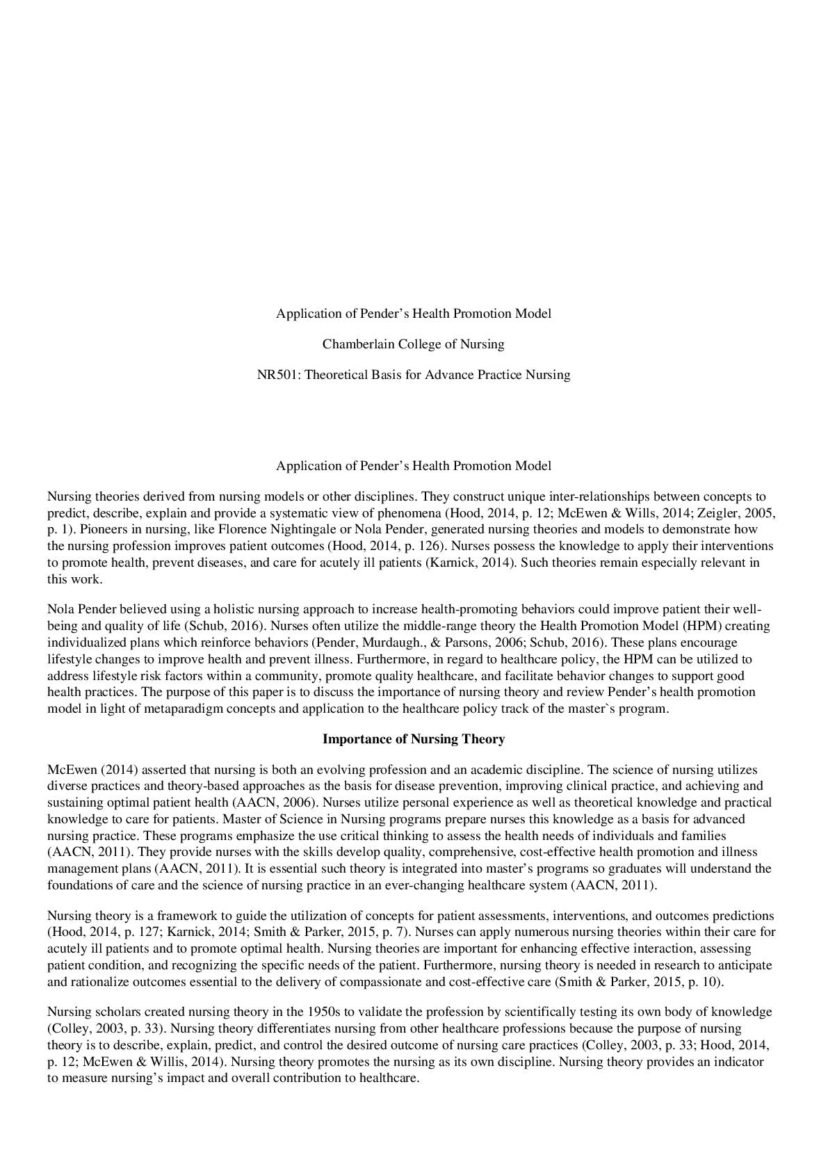 Preview image for NR 501 Application of Pender’s Health Promotion Model LATEST UPDATE